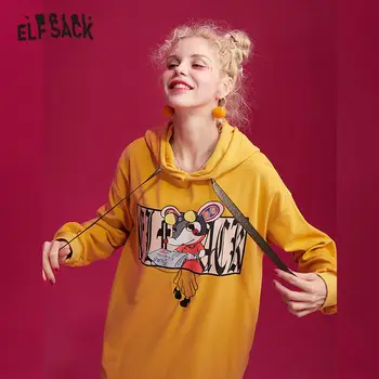 

ELFSACK Yellow Rat Print Casual Cute Hooded Sweatshirt Dress Women 2019 Black Drawstring Long Sleeve Oversized Female Dresses