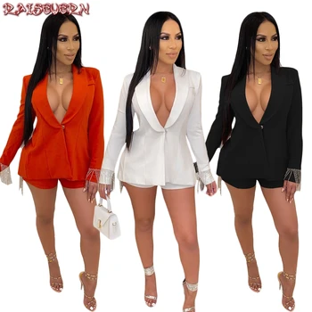 

Women Blazers Shorts Suit Two Piece Set Winter Tracksuit Full Sleeve Tassel Back Office Lady Outfit Uniform Women's Set 3699