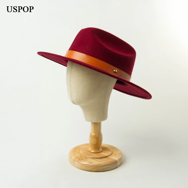 

USPOP 2020 Women autumn winter hats 100% wool fedoras belt decorated jazz hat