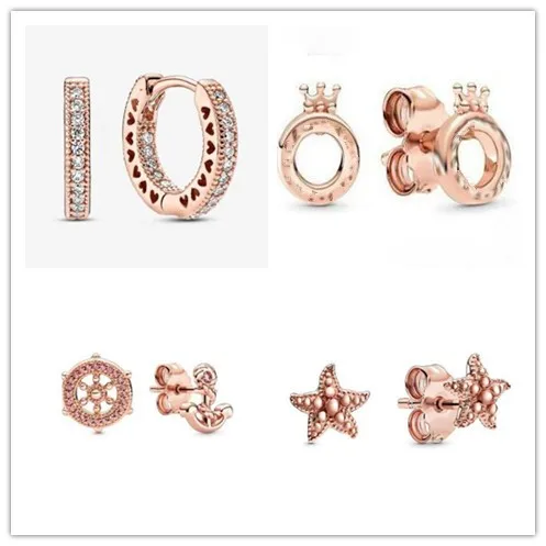 Pendientes de plata de ley 925 para mujer, pendientes de tuerca con forma de timón rosa y ancla para fiesta de boda, joyería Pandora