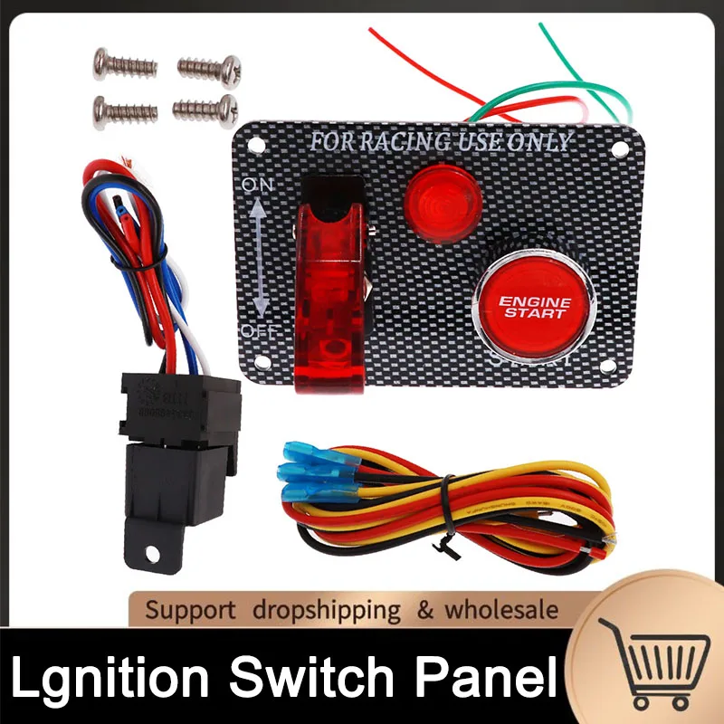 DC 12V 5 in 1 Car Engine Start Push Button LED Carbon Fiber Toggle Switch Panel For Racing Car Taxutor Ignition Switch Panel Kit 