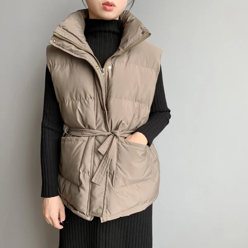 Женский корейский стиль, однотонный зимний жилет без рукавов, сохраняющий тепло, пальто, один женский эластичный пояс, свободный Толстый модный жилет
