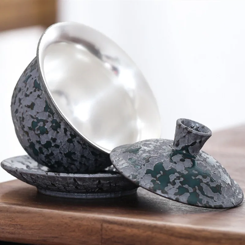Gaiwan 999 sterling silver gaiwan, three-part, ceramic tea bowl, retro tea, ready for home