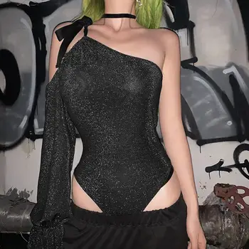 

Ladies Bandage Bodysuits Solid Color Off Shoulder One-shoulder Strapsless Long Puff sleeved Slim Romper Bodis de Mujer 2020 New