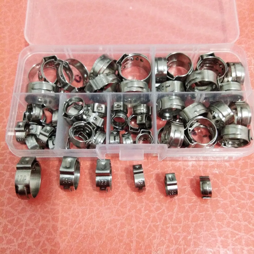 Free shipping Pipe Clamp High Quality 60 PCS Stainless Steel 304 Single Ear Hose Clamps Assortment Kit with box | Обустройство дома