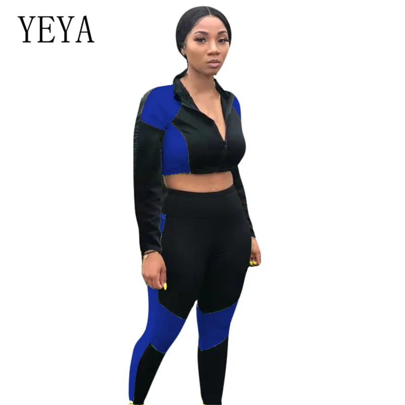 

YEYA Stitching Movement 2 Pieces Sets Women's Clothing Long Sleeve Zipper Hollow Out Bodycon Bandage Playsuits Femme Jumpsuits