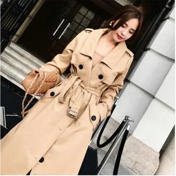 

2018 retro spring autumn Trench women Solid Color Lady Long Windbreak single Breasted Slim Trench Coat With Belt