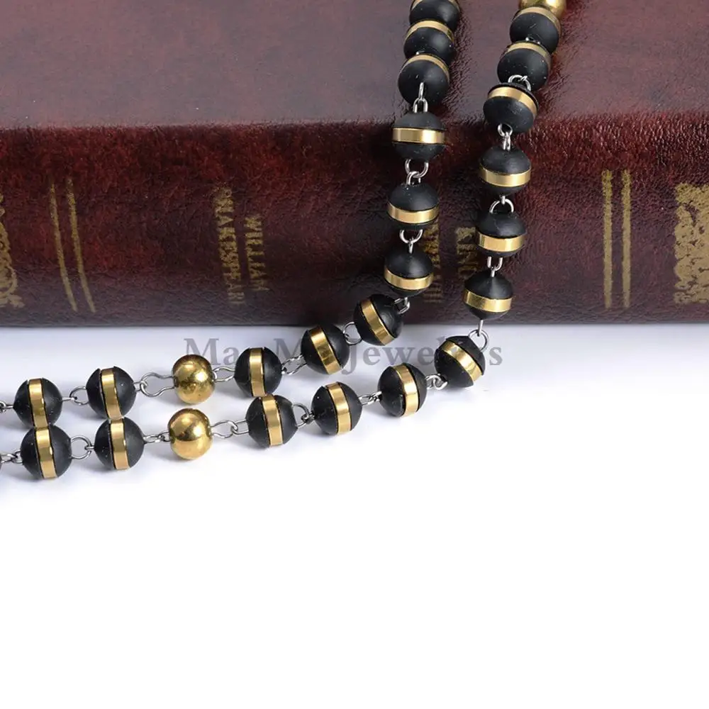Mens or Womens Jewelry Black Gold Stainless Steel 8mm Silicone Rosary Chain Cross Pendant Necklace 28