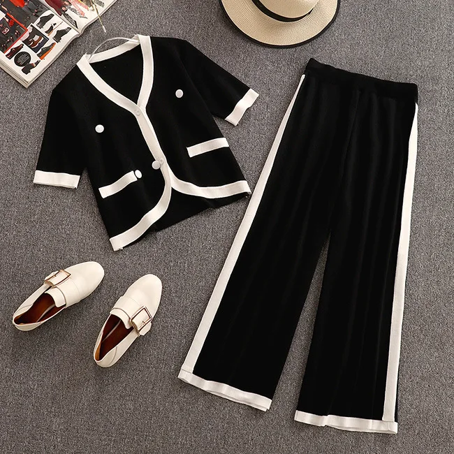

2019 Summer New Women's Sets Small Fragrant Wind Knit Top Wide Leg Straight Nine Pants Two Piece Set Black Sets Free Shipping