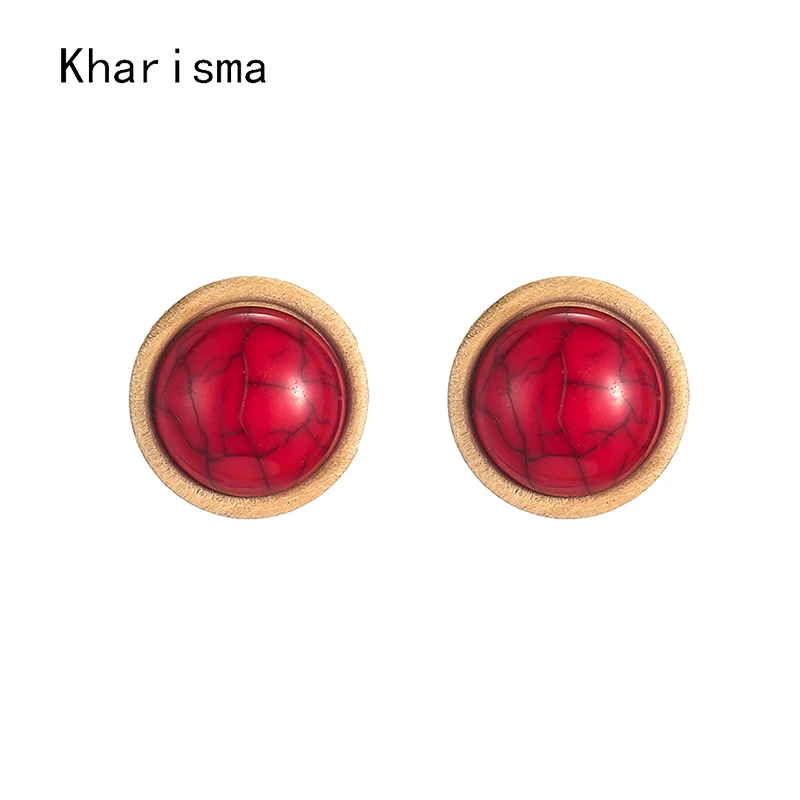 

YULUCH 2019 Trendy Pop Women Round Beige Natural Wooden Setting Red Blue Stone Stud Earrings Fashion Jewelry Wedding Party Pins