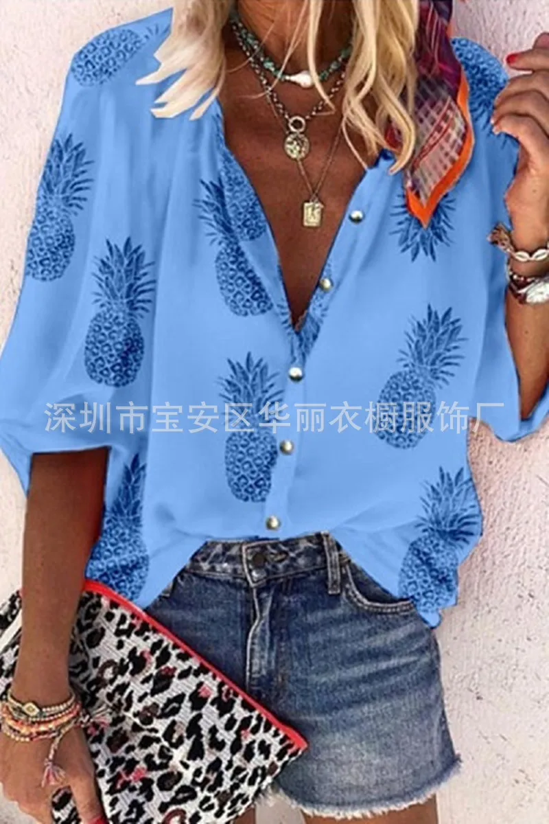 Floral Print V-neck Blouses And Tops With Button Big Size Women Clothing 5XL Plus Size Women Tunic Shirt Autumn - Цвет: 002