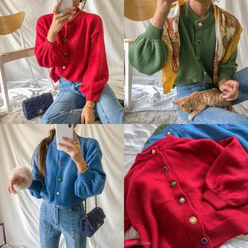 

Jumper Cardigan Feminino Feminino Women Sweaters And Ladies Sweater Vintage Gemstone Lantern Sleeve Loose Padded Knit Winter