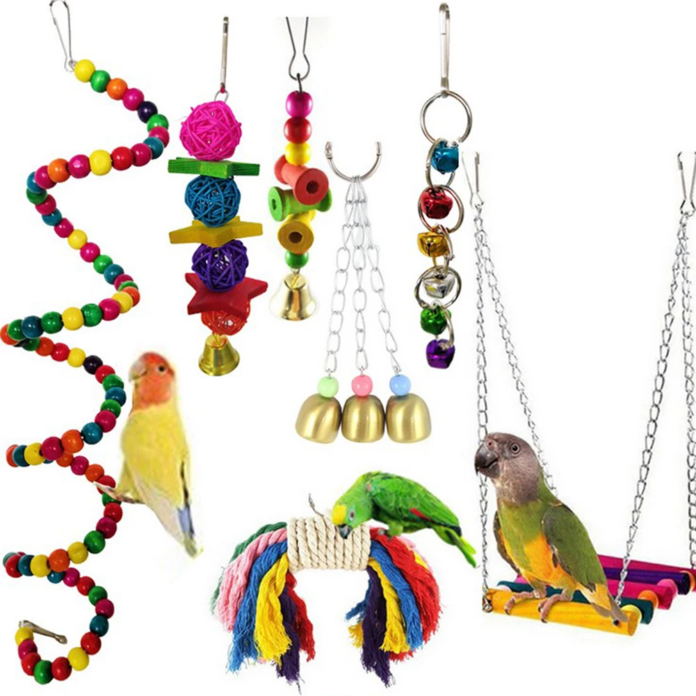 7pcs Funny Pet Bird Toy Set Swing Rattan Ball Rope Parrot Chewing Hanging Hammock Bite Bridge | Дом и сад