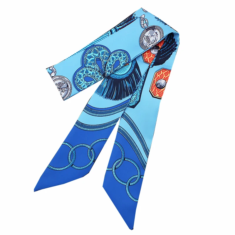 

Casual New Brand Floral Leaf Patchwork Print Small Women Silk Scarf Bag Handle decorative Ribbons Female Head Band Long Ties