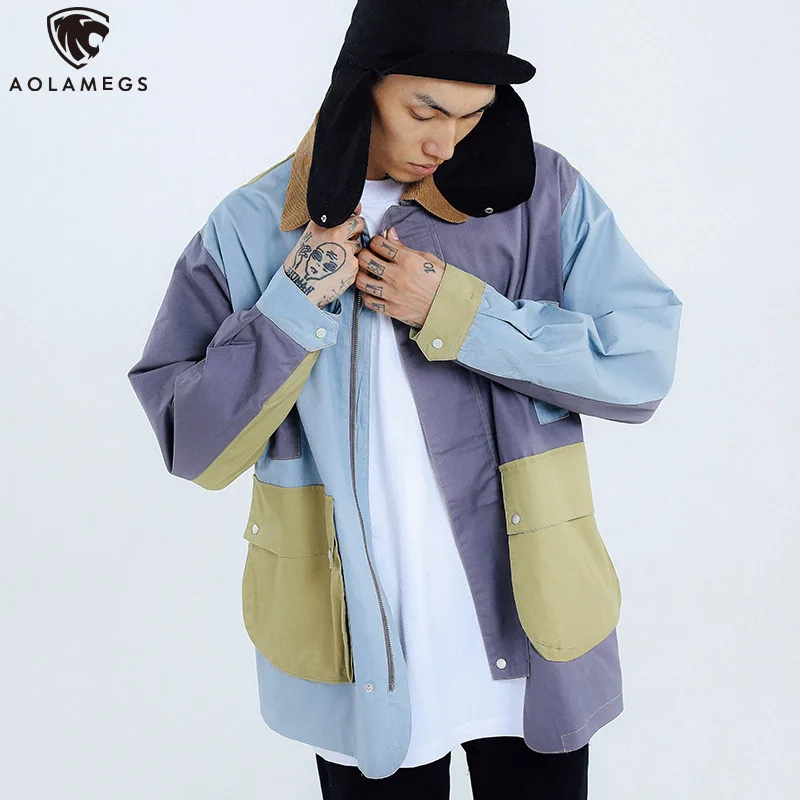 

Aolamegs Jackets Men Funny Patchwork Tracksuit Turn-down Cargo Style Hit Color High Street Harajuku Fashion Streetwear Autumn