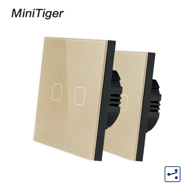2 Gang 2 Way Gold Minitiger 1/2 банды 2 способ ЕС стандарт управления настенный сенсорный экран переключатель, белый кристалл стеклянная панель, крест/сквозной переключатель, 2 шт./упак - Цвет: 2 Gang 2 Way Gold