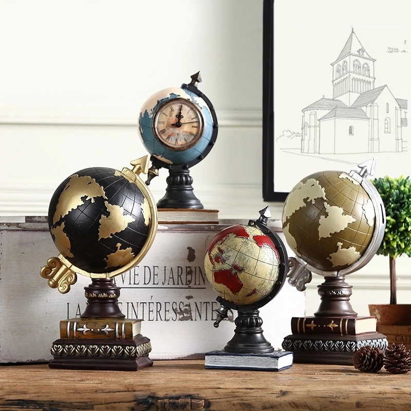 

Blue Globe Stacked On Two Books Statue Sculpture Globe With Clock Home Art Gift Figurines Home Decor Resin Accessories