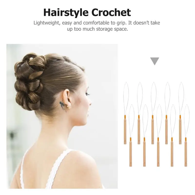 10/12Pcs Hair Extension Hook Pulling Tool Needle Threader Micro Rings Link Beads Loop Wooden Handle With Iron Wire hair extensions tool