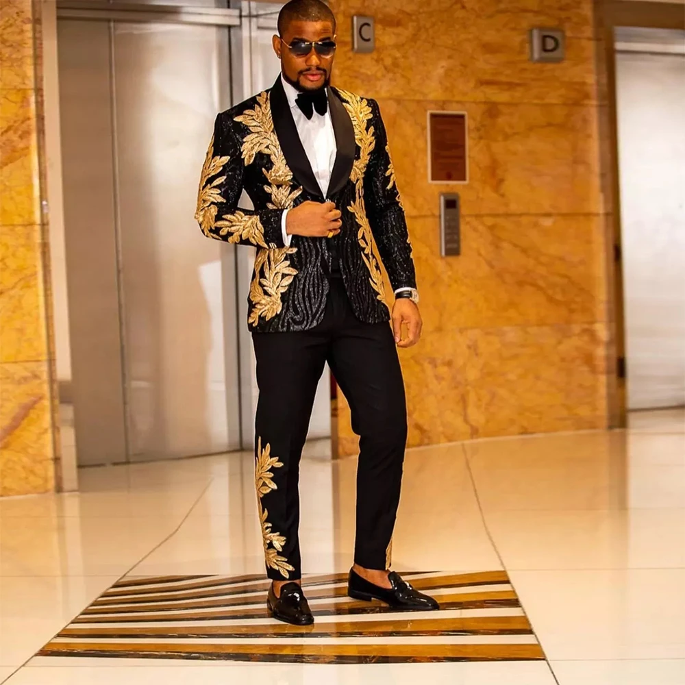 Luxury Men's Suits Formal Wedding Tuxedo Groom Wear Black Sparkly Sequins Blazer Pants 2 Pieces Prom Party Gold Appliques Coat