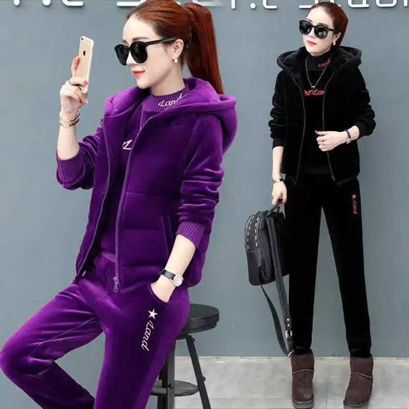 

New Golden Velvet Winter 3-piece Set Womens Warmth Thicker Suit Female Pullover Top + Vest + Casual Thick Pants Three-piece Suit