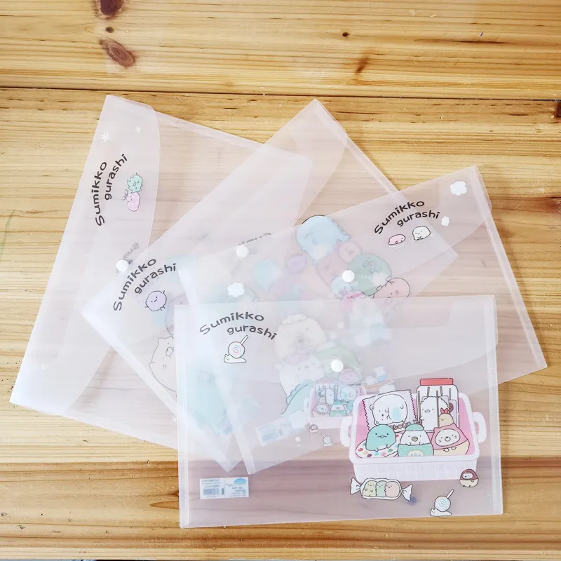 

4pcs frosted button document bag test paper storage bag subject bag A4 cartoon transparent data bag