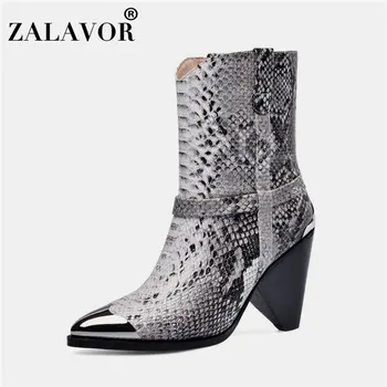 

ZALAVOR Real Leather Women Ankle Boots Autumn Winter Warm Pointed Toe High Heels Shoes Fashion Snakeskin Women Shoes Size 33-43