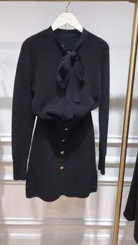 

Women's Black Knitted Cardigan or Skit Single Breasted Long Sleeve Lace-up Sweater Top Elastic Waist Buttons A-line Mini Skirts