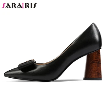 

SARAIRIS Spring Elegant Shallow Pumps Pointed Toe butterfly-knot Pumps Women New Brand High Chunky Heels Shoes Woman