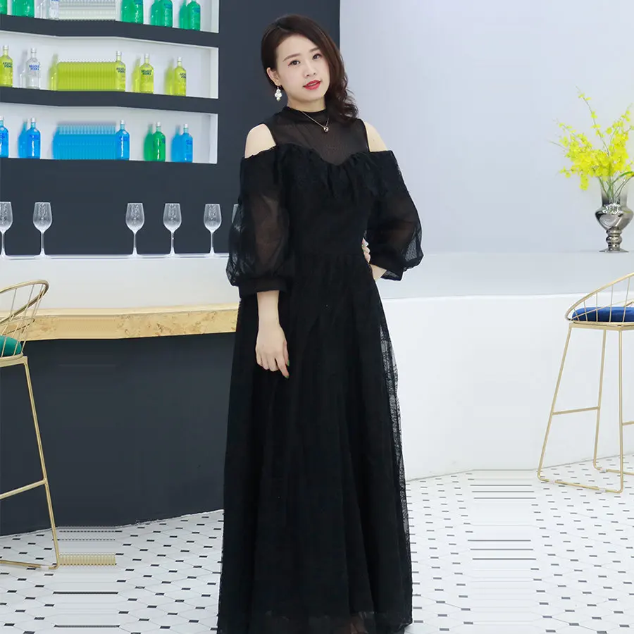 Это Yiiya торжественное платье черное в пол платье De Soiree DX034 размера плюс Кружева три четверти рукав платье женские Вечерние