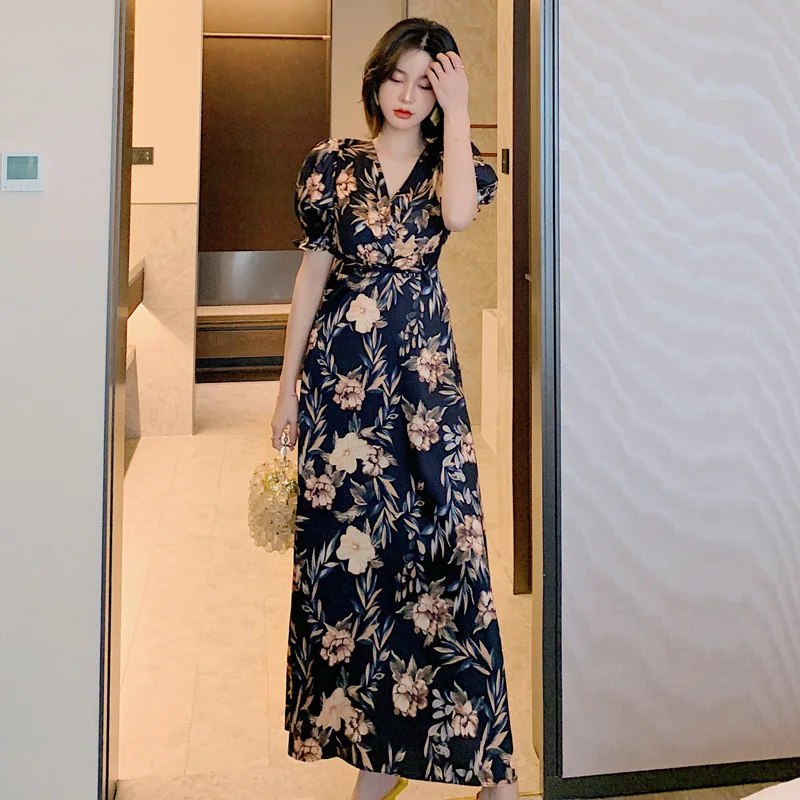 

2021 Summer New Women's Retro Printing Waist Show Thin Temperament Medium Long Dress Plus Size Dress