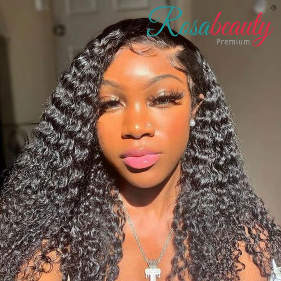 Rosabeauty Kinky Curly Peruvian Lace Front Human Hair Wigs preplucked Deep Water Wave 13x6 Lace Fro