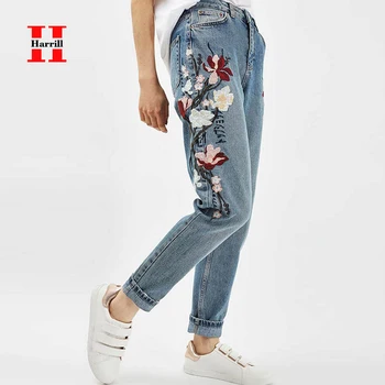 

Harrill Floral Embroidery Women Pencil Pants High Waist Jeans For Women Slim Elastic Casual Denim Pant Ankle Length Pants