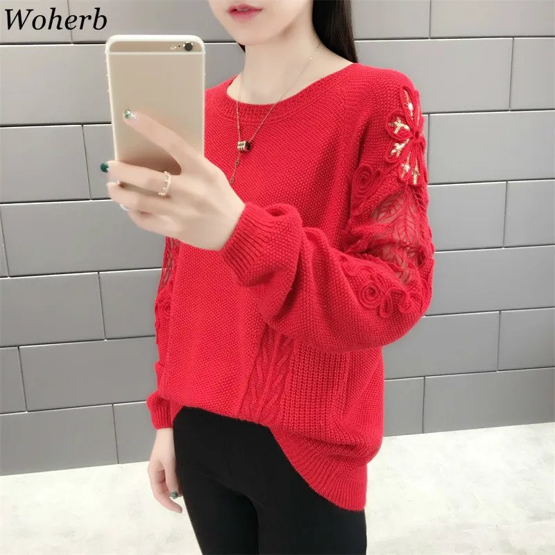 Woherb Pull Femme свитер с блестками и кружевом в стиле пэчворк однотонные пуловеры с длинными рукавами повседневные свободные модные новые 90979
