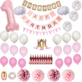

1st Birthday Party Decoration Foil Number Banner Balloons First Baby Shower Girl 1st 1 One Year Supplies Background Layout