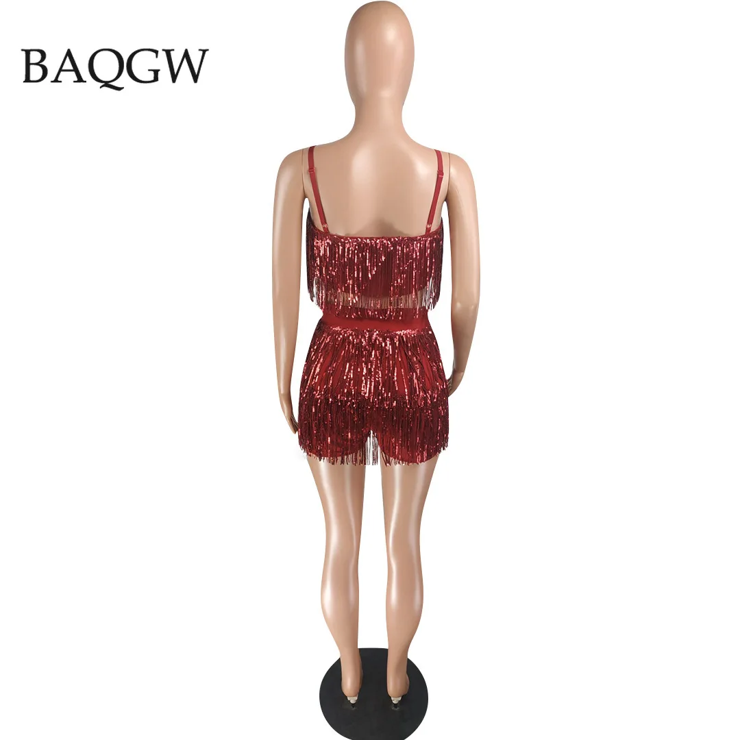 Sequined Tassel Two Piece Set Women Dance Clothing Spaghetti Strap Crop Tops and Shorts Sets Sexy Shining Party Club Outfits