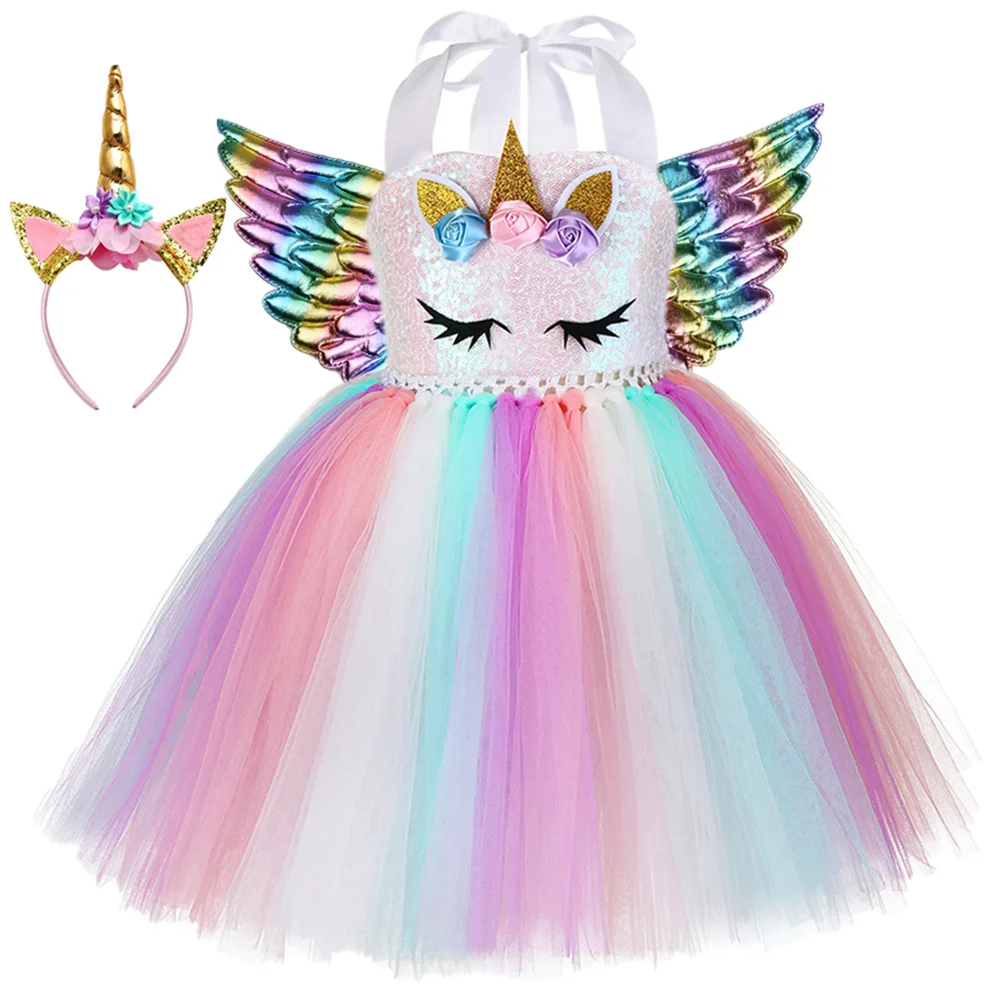 

Pastel Sequins Girls Unicorn Dress with Wings Headband Outfit Toddler Baby Girl Unicorns Costumes for Halloween Birthday Suit