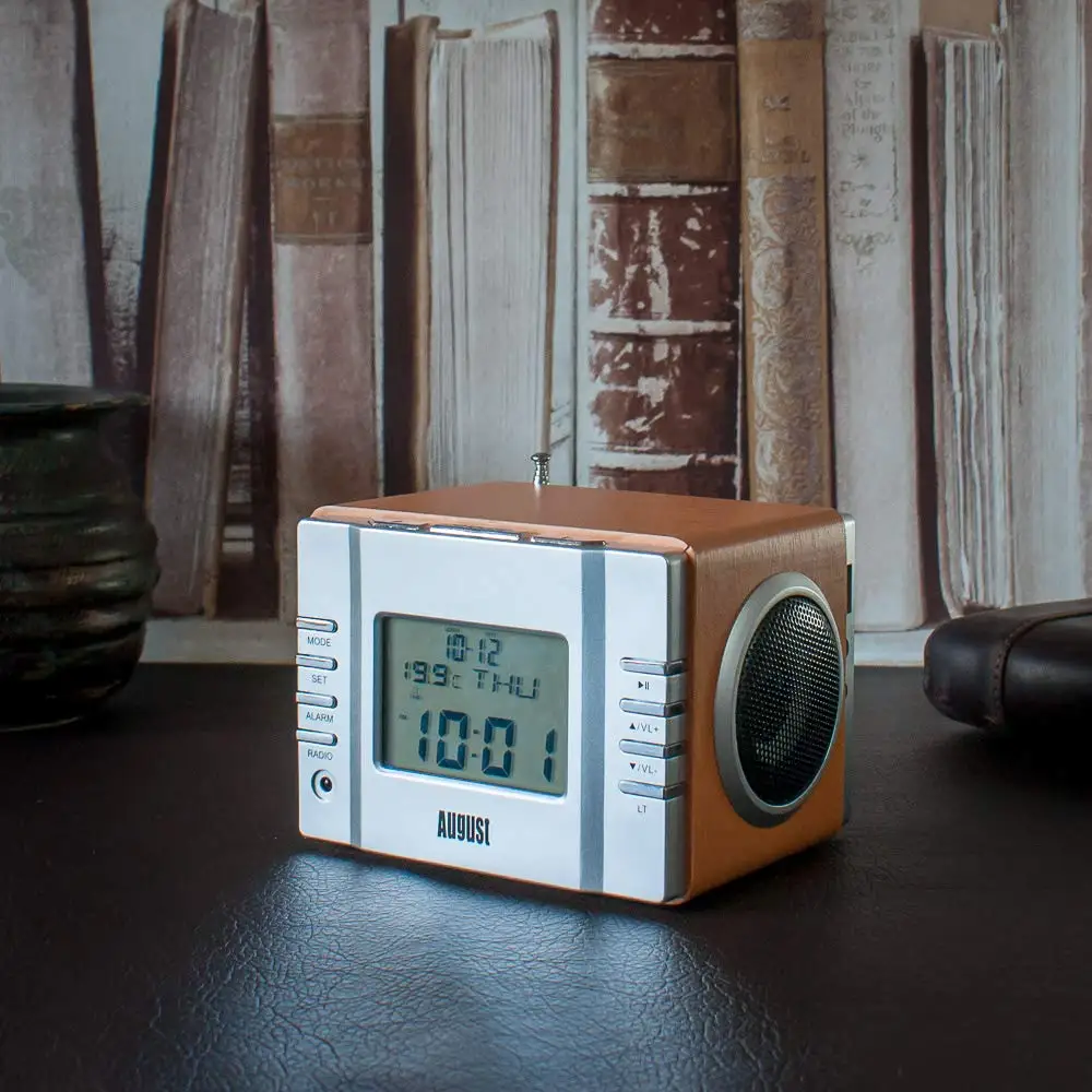 August MB300 деревянная мини стереосистема MP3 и FM радиочасы с SD картридером разъемами