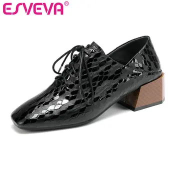 

ESVEVA 2020 Women Shoes Square Med Heel PU Patent Leather Lace Up Woman Square Toe Shoes Autumn Spring Size 34-42