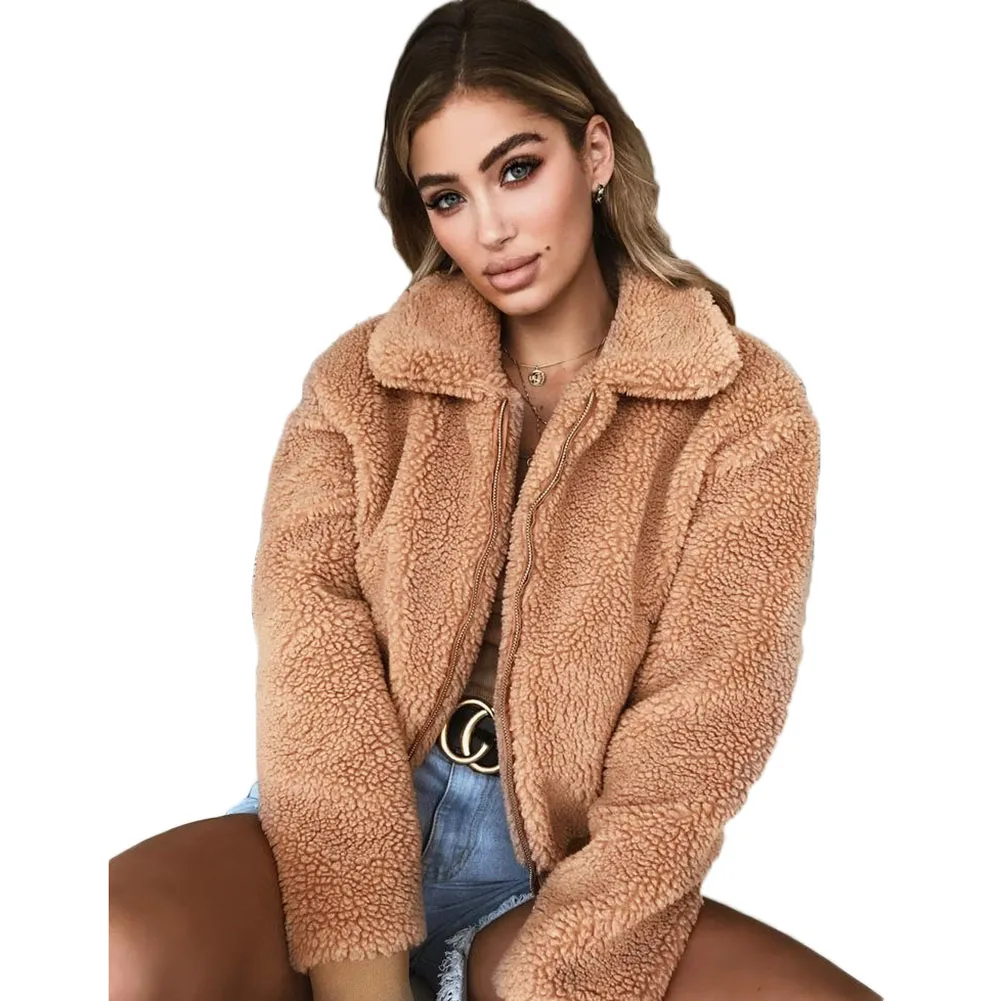 

2019 Autumn Winter Faux Fur Coat Women Warm Soft Zipper Fur Jacket Female Plush Overcoat Pocket Casual Elegant Teddy Outwear