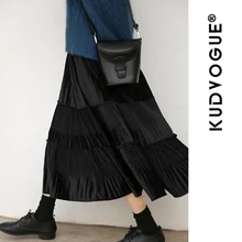 Длинная бархатная плиссированная юбка для женщин на осень и зиму, модная женская юбка с высокой талией Черного и зеленого цвета, Женская винтажная юбка макси