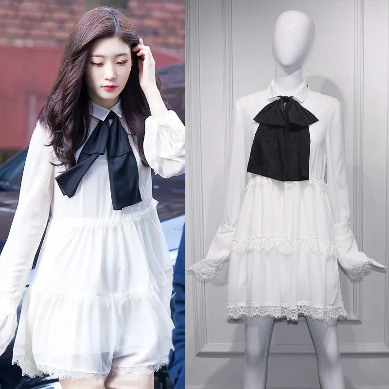 Летнее белое кружевное платье kpop IU Lee Ji Eun с рукавами-фонариками тонкое шифоновое