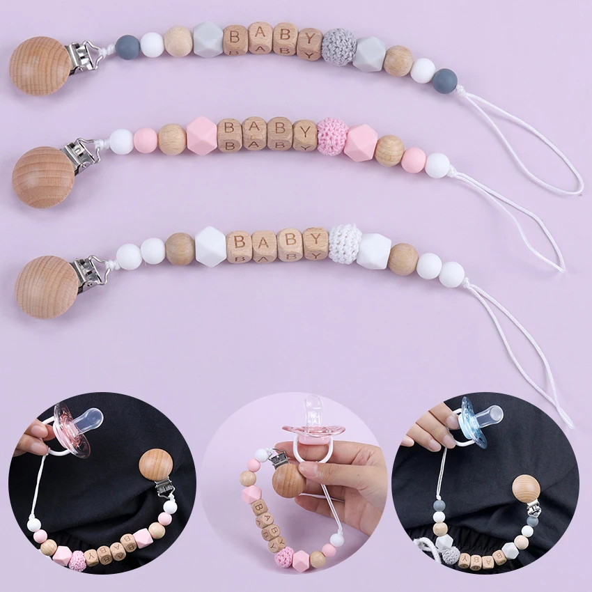 1PC Letters Silicone Baby Wooden Dummy Pacifier Clip Safe Teething