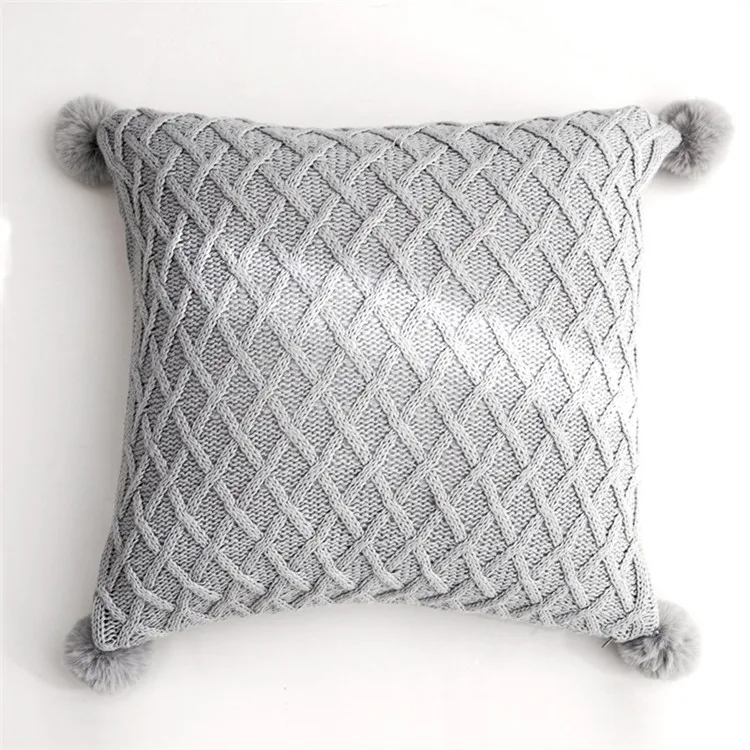 Pink Grey Cotton Plaid Knitted Blanket & Cushion Cover