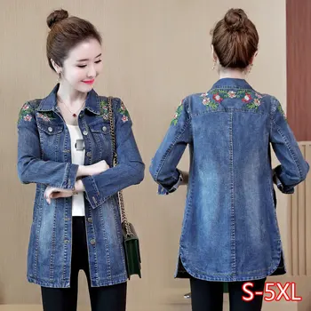 

5XL Floral Embroidery Denim Jacket 2020 Spring Autumn New Female Slim Med-long Turn Down Collar Long Sleeve Jeans Coat
