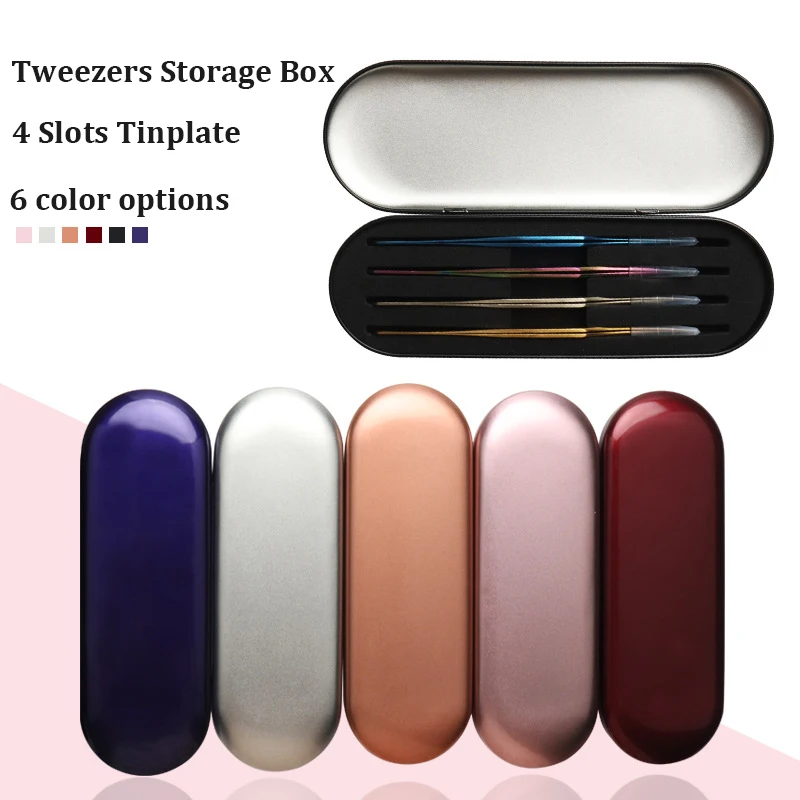 

4 Slots Exquisite Tinplate Storage Box Eyelash Extension Beauty Makeup Tweezers Protection Box Eyelash Planting Tools