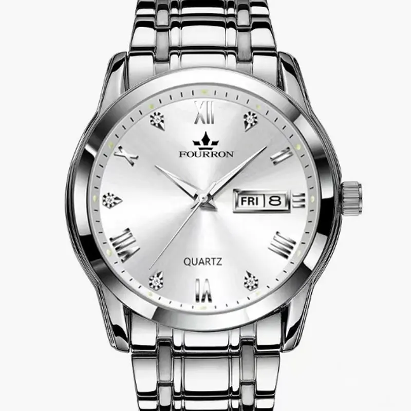 Men's Waterproof Steel Band Quartz Watch Double Calendar Luminous Stainless Steel Watch Student Non Mechanical Couple Watch
