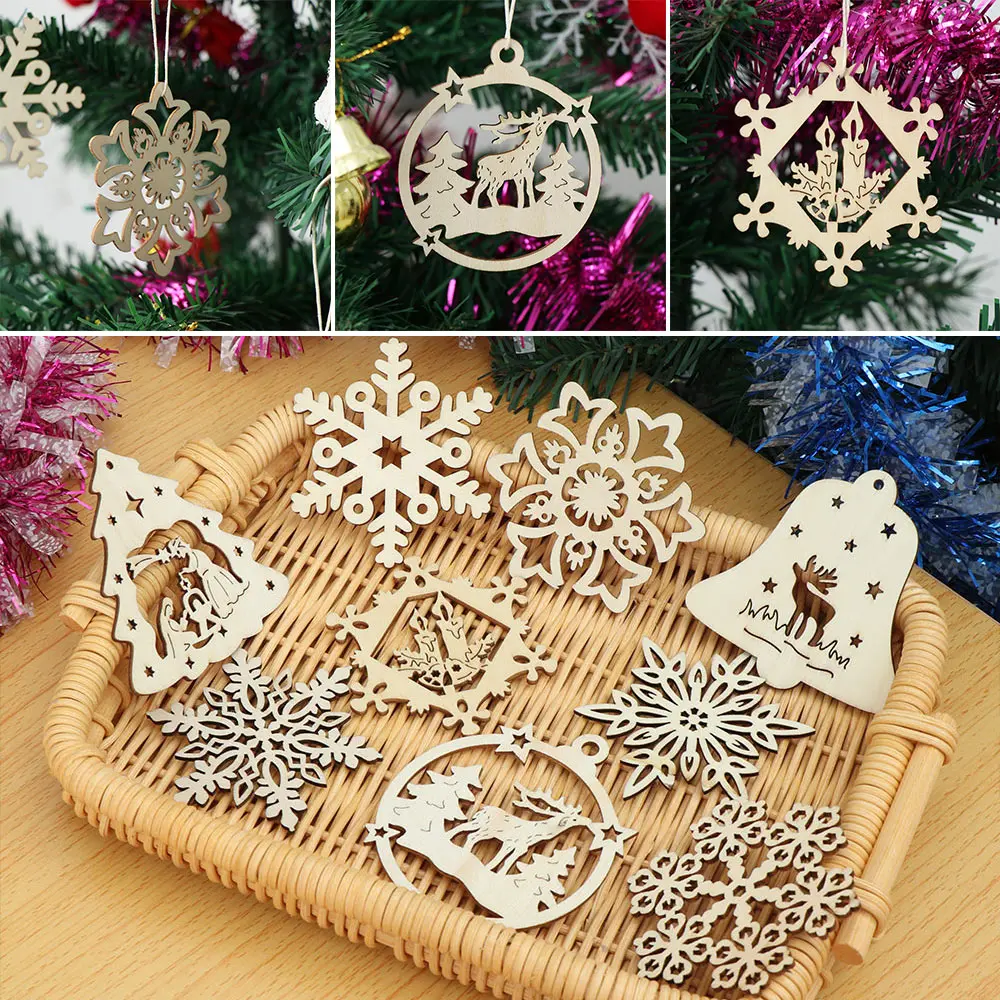 10Pcs DIY Natural Snowflakes Deer Shape Christmas Wooden Chip Hanging Ornaments Pendants Xmas Ornaments Kids Gifts Decorations