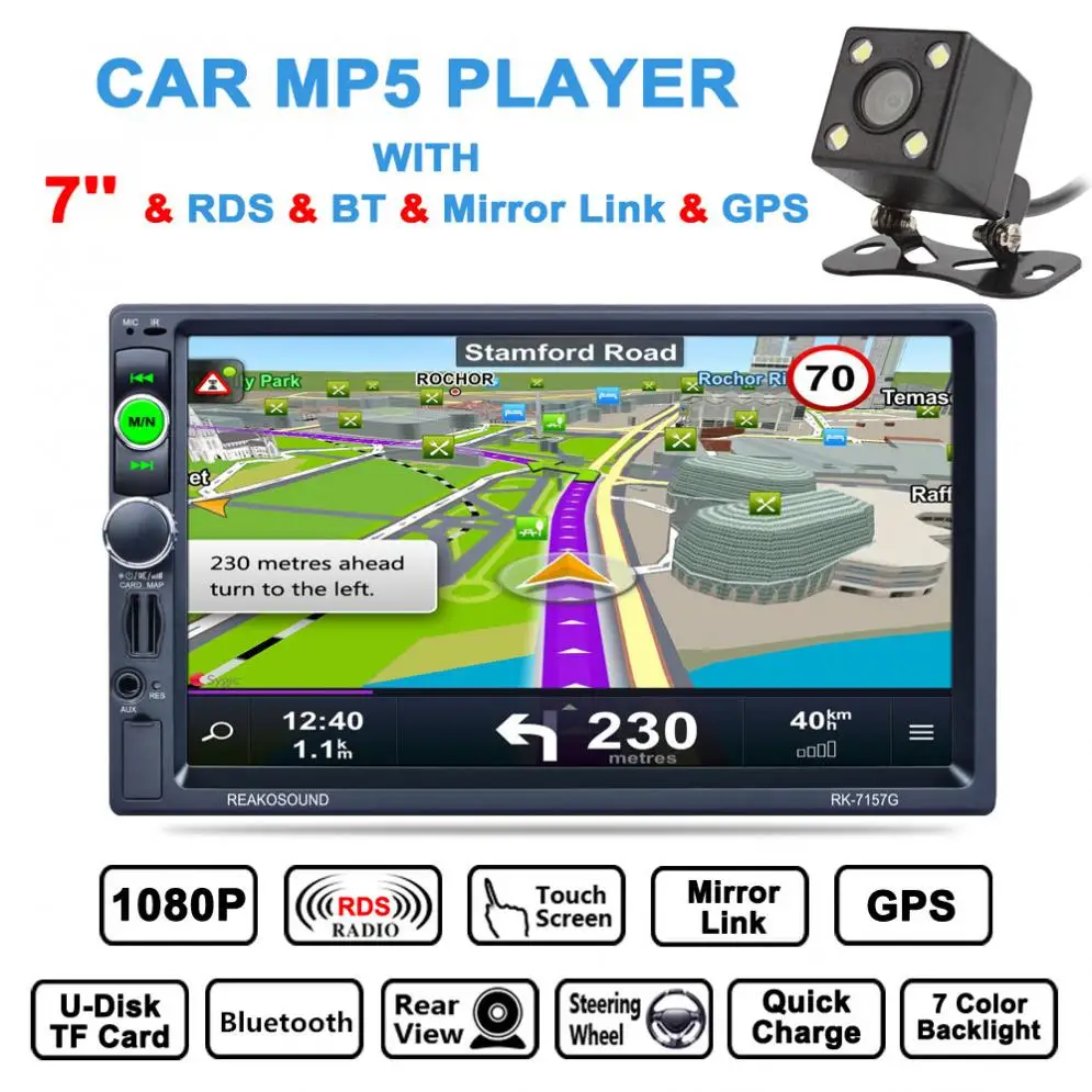 

7 Inch 2 Din Bluetooth Auto Multimedia Car Stereo MP5 Player GPS Navigation AM / FM / RDS Radio Mirror Link / Aux View Camera