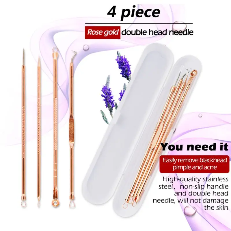 

4Pcs Rose Gold Stainless Steel Blackhead Remover Pimple Acne Needle Kit Double-End Comedone Extractor Blemish Spots Tool