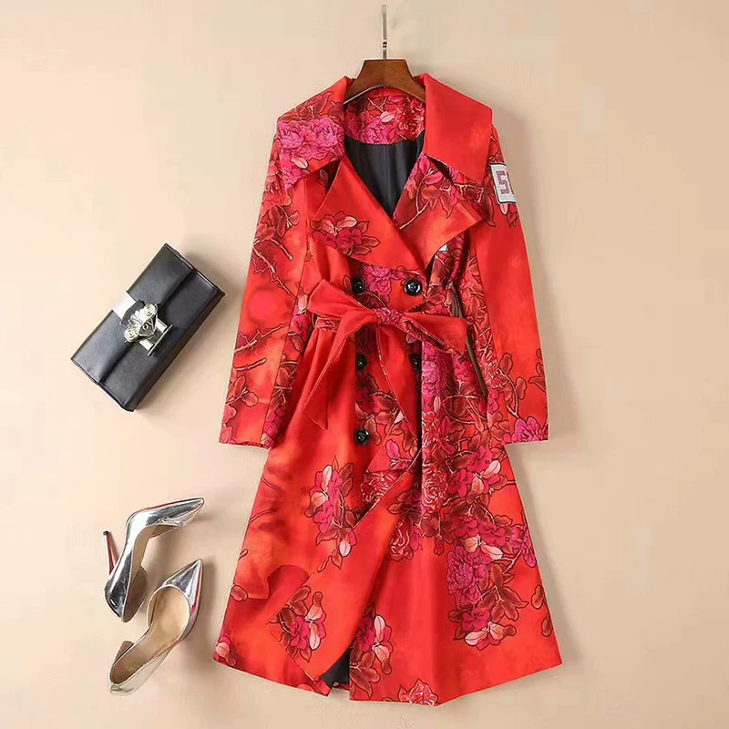 

VERDEJULIAY Runway Red Trench Women 2020 Autumn Winter High Quality Full Sleeve Belt Beading Flower Print Long Elegant Trench